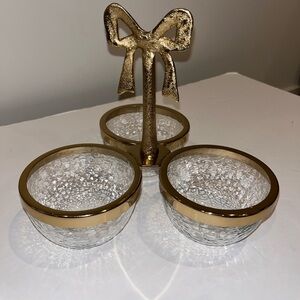Gold Bow Tie 3 Blown Glass Bowl Server Mint